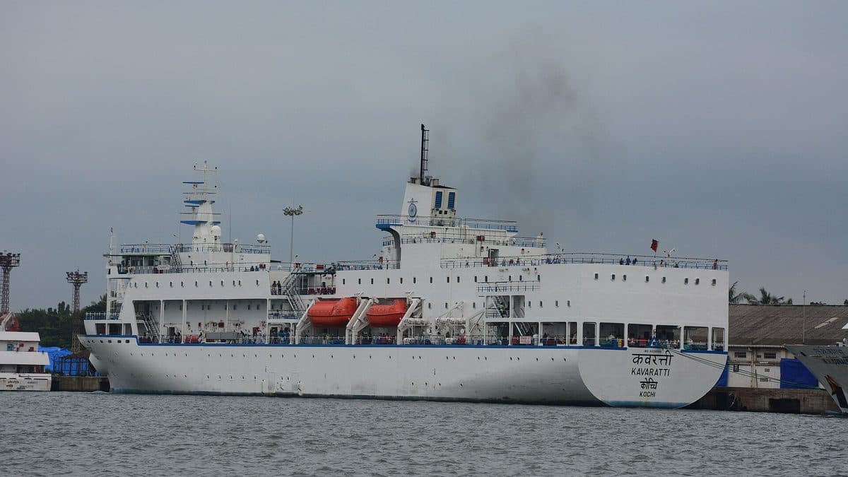 The government passenger ship M.V. Kavaratti docked at Kochi, with its name and home port Kochi painted on the hull