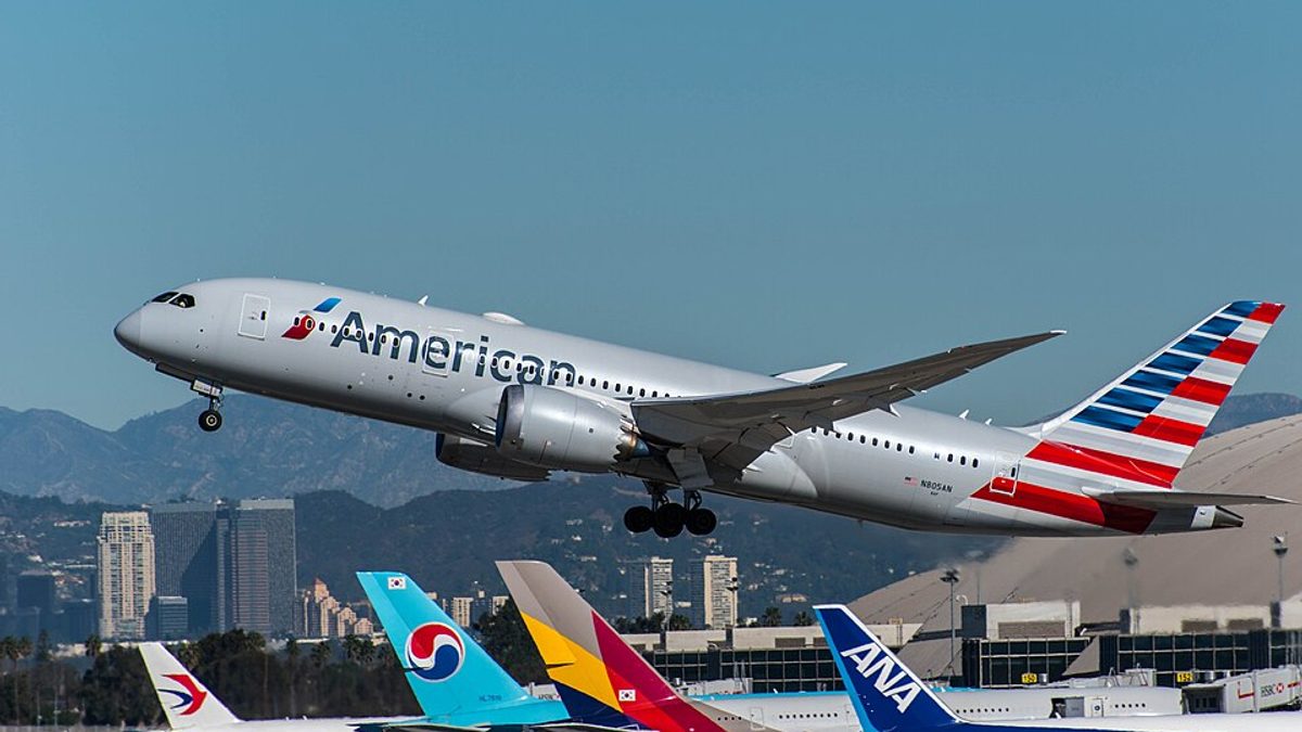 An American Airlines Boeing 787-8 Dreamliner lifting off from Los Angeles International Airport, with the LA skyline and hills behind it and other airlines' tails lined up below