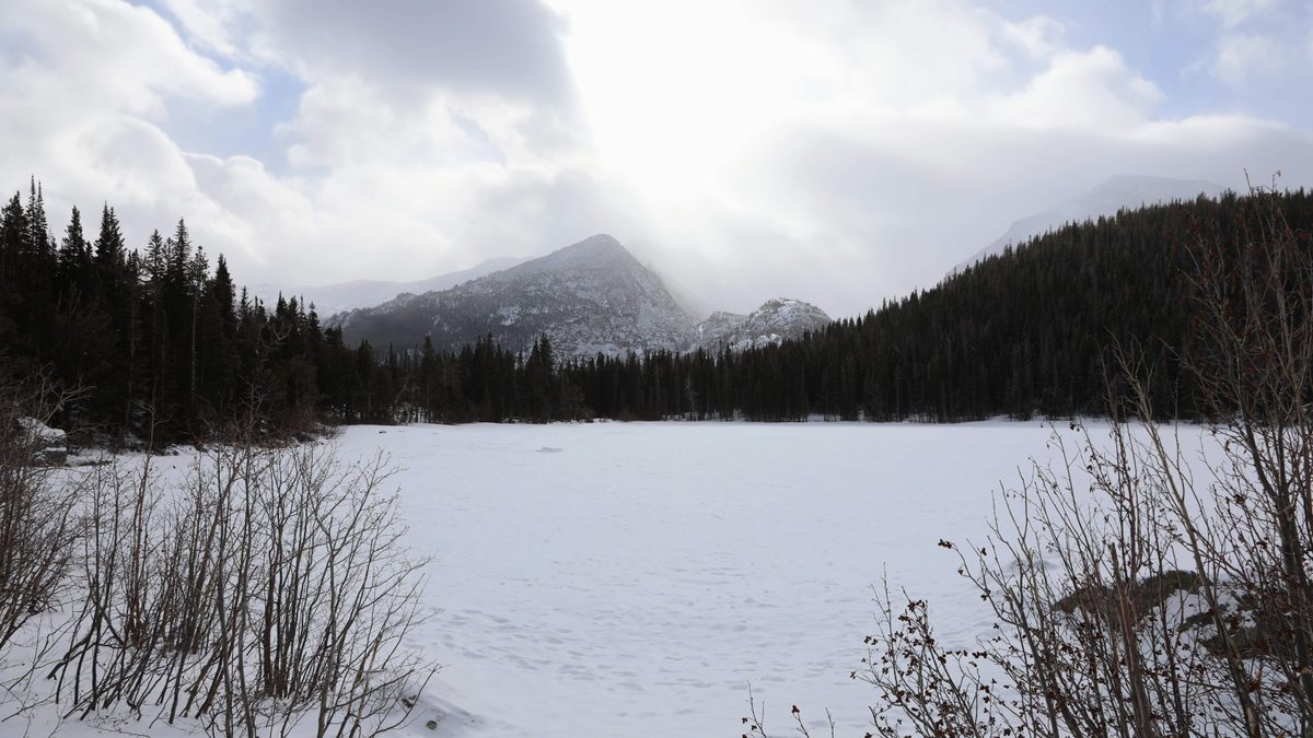 Snow covered Bear Lake in Rocky Mountain National Park, Colorado, in winter