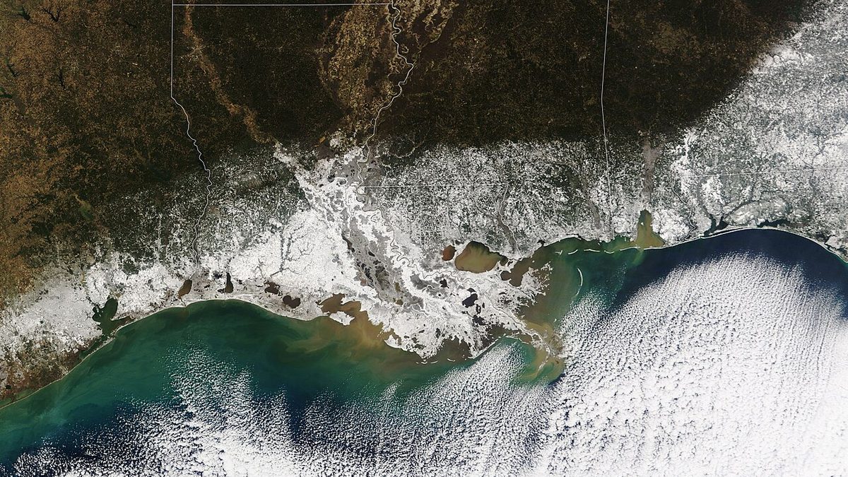 NASA satellite image of the January 2025 winter storm showing snow cover across the Florida panhandle and the Gulf Coast