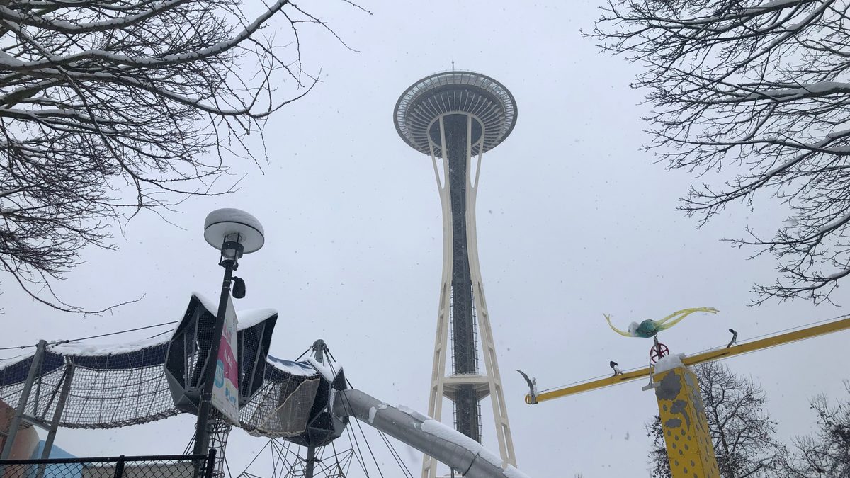 A snow-covered playground near the Space Needle in Seattle after the February 2021 snowstorm