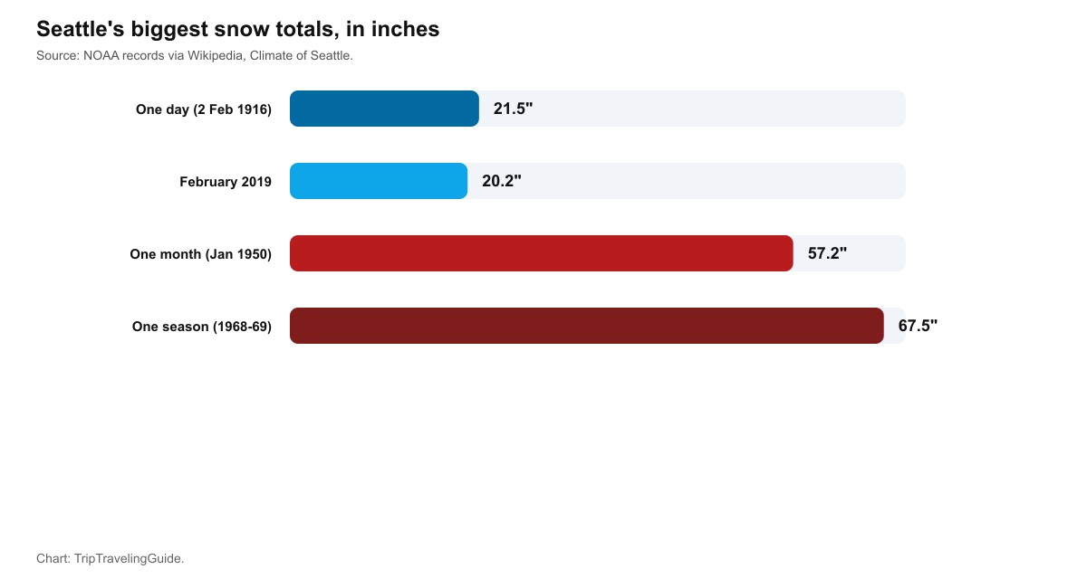 Chart comparing Seattle's biggest snow totals: 21.5 inches in one day in 1916, 20.2 inches in February 2019, 57.2 inches in one month in 1950, and 67.5 inches across the 1968-69 season