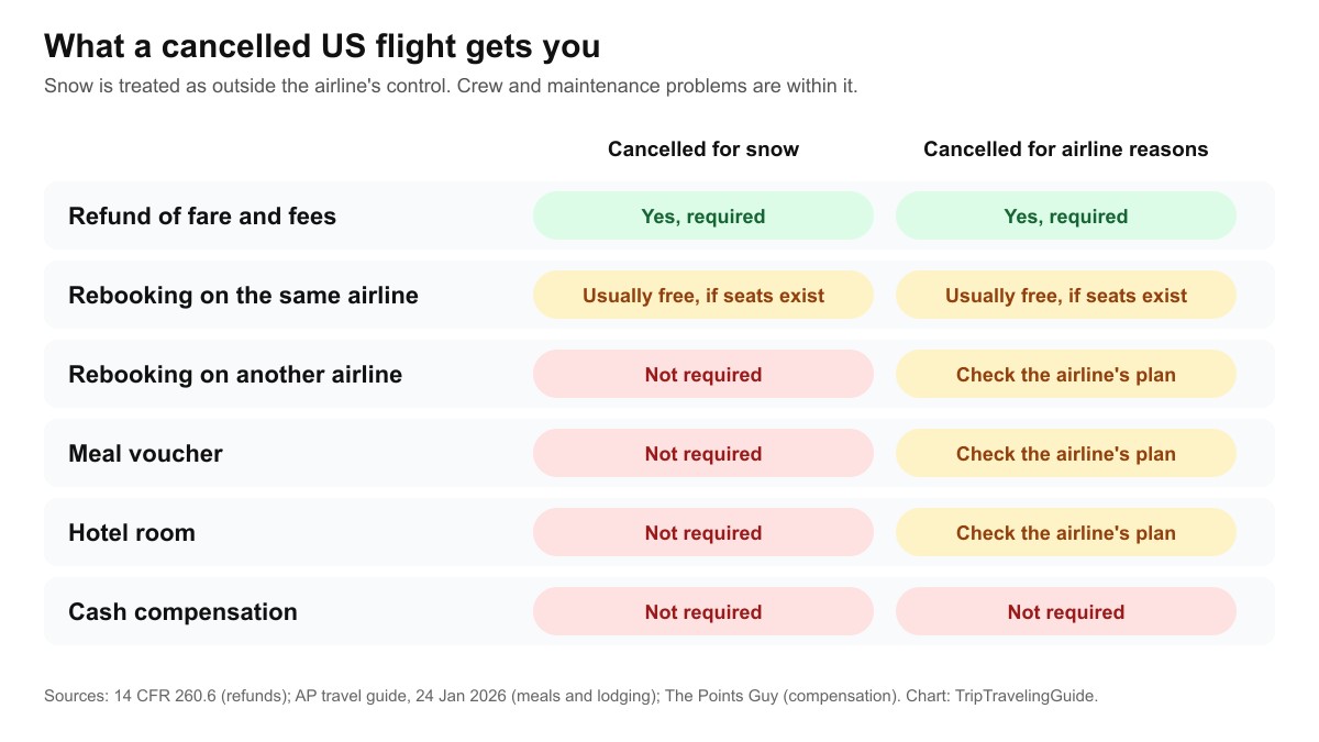 Chart comparing what a cancelled US flight gets you when the cause is snow versus airline reasons: refund required in both, rebooking usually free, meals and hotel not required for snow, cash compensation not required in either case