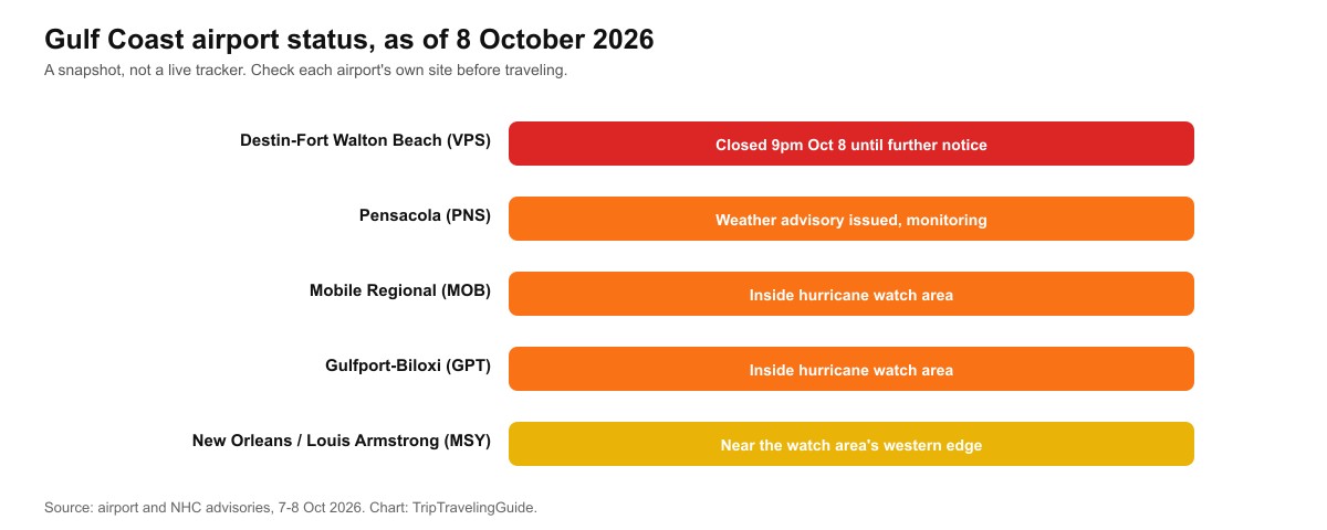 Chart showing Gulf Coast airport status for Hurricane Isaias as of October 8, 2026, with Destin-Fort Walton Beach closed and Pensacola, Mobile and Gulfport-Biloxi under advisory