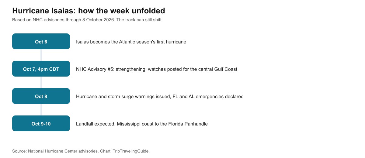 Timeline showing Isaias becoming a hurricane October 6, strengthening through NHC Advisory 5 on October 7, warnings and emergencies declared October 8, and landfall expected October 9-10