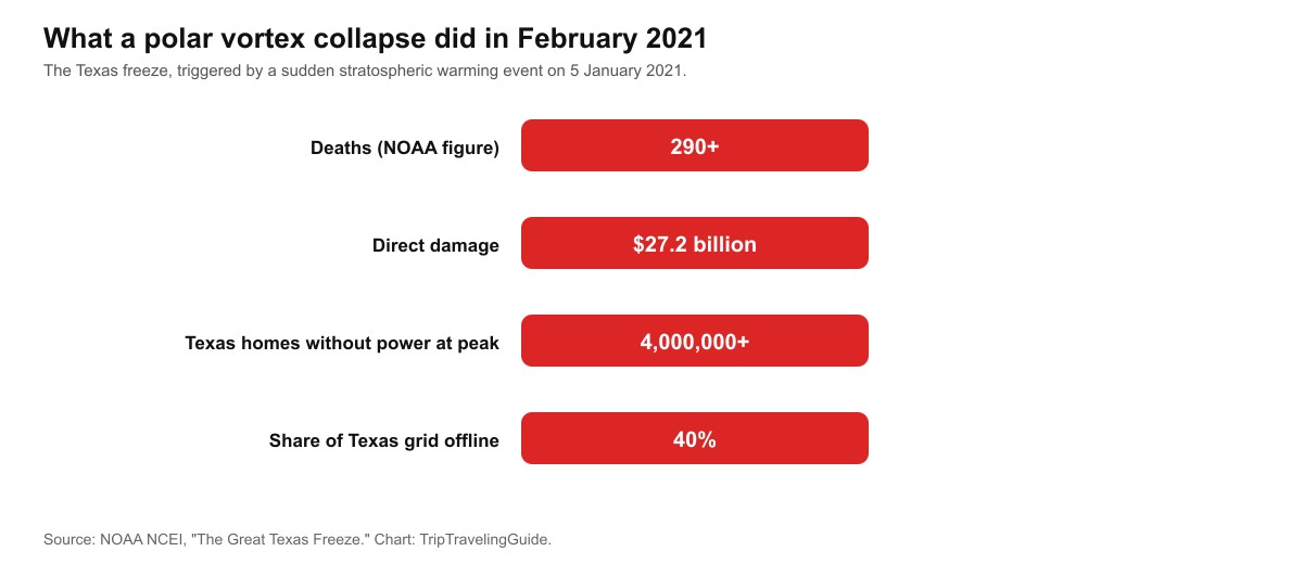 Chart showing the scale of the February 2021 Texas freeze: 290 plus deaths, 27.2 billion dollars in direct damage, 4 million homes without power, 40 percent of the Texas grid offline