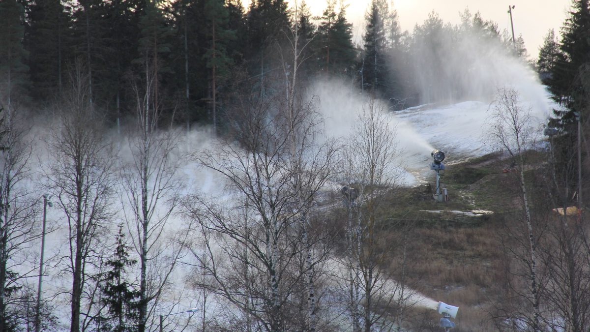 Snow cannons making snow at a ski resort in Porvoo, Finland