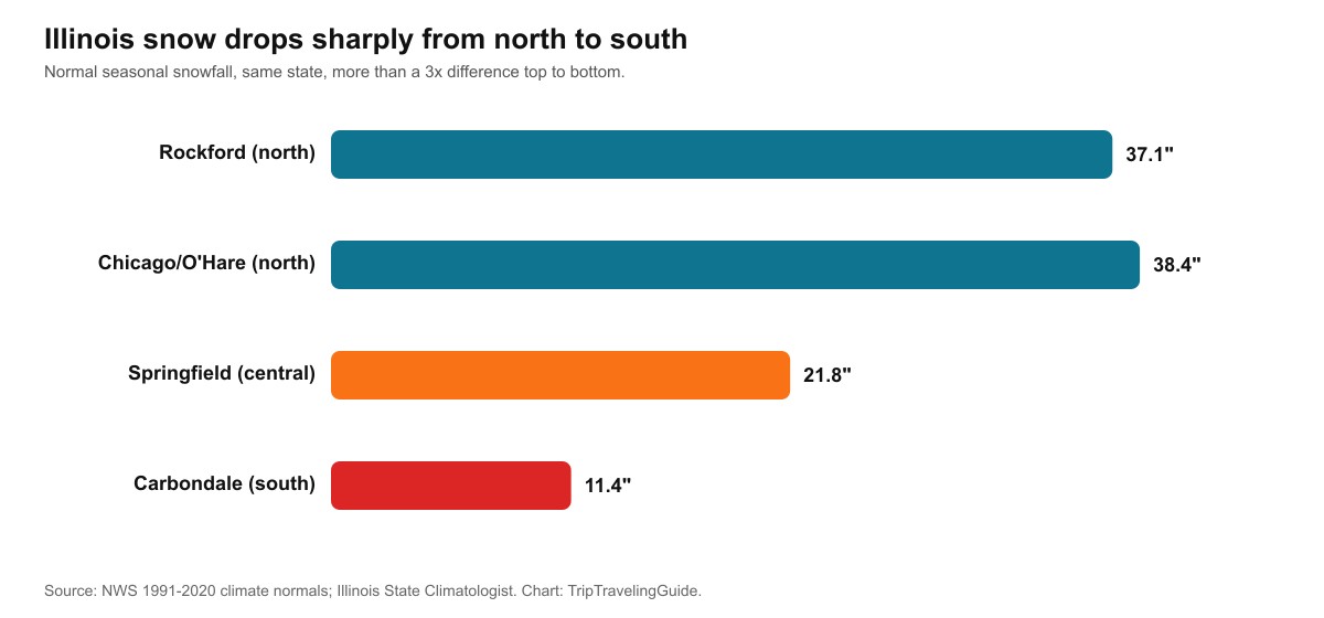 Bar chart showing normal seasonal snowfall dropping from 38.4 inches at Chicago O'Hare and 37.1 at Rockford to 21.8 at Springfield and just 11.4 at Carbondale