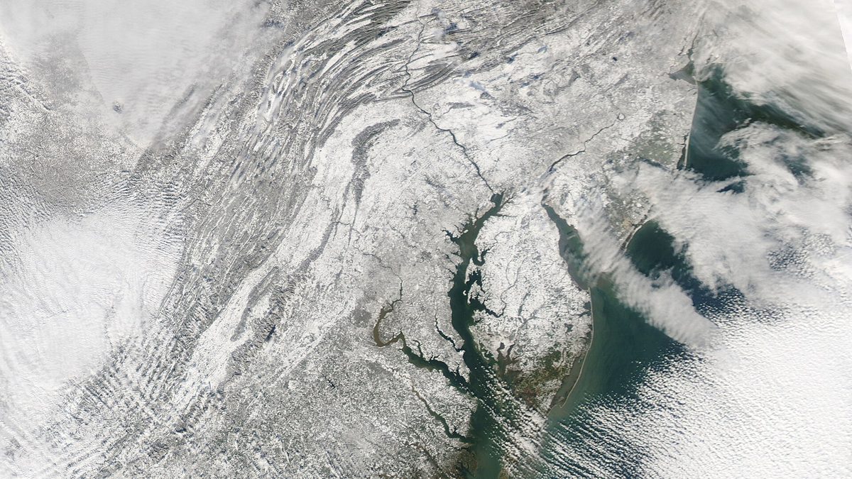 Satellite view of Maryland, the Chesapeake Bay and the Delmarva Peninsula almost entirely covered in snow after the December 2009 blizzard