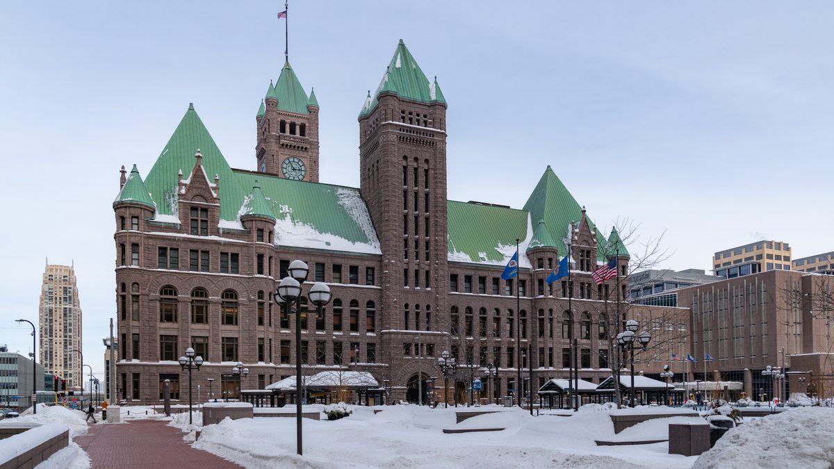 Snow-covered Government Plaza and Minneapolis City Hall in downtown Minneapolis on a winter afternoon