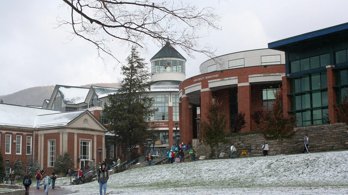 Snow covering Sanford Mall on the Appalachian State University campus in Boone, North Carolina