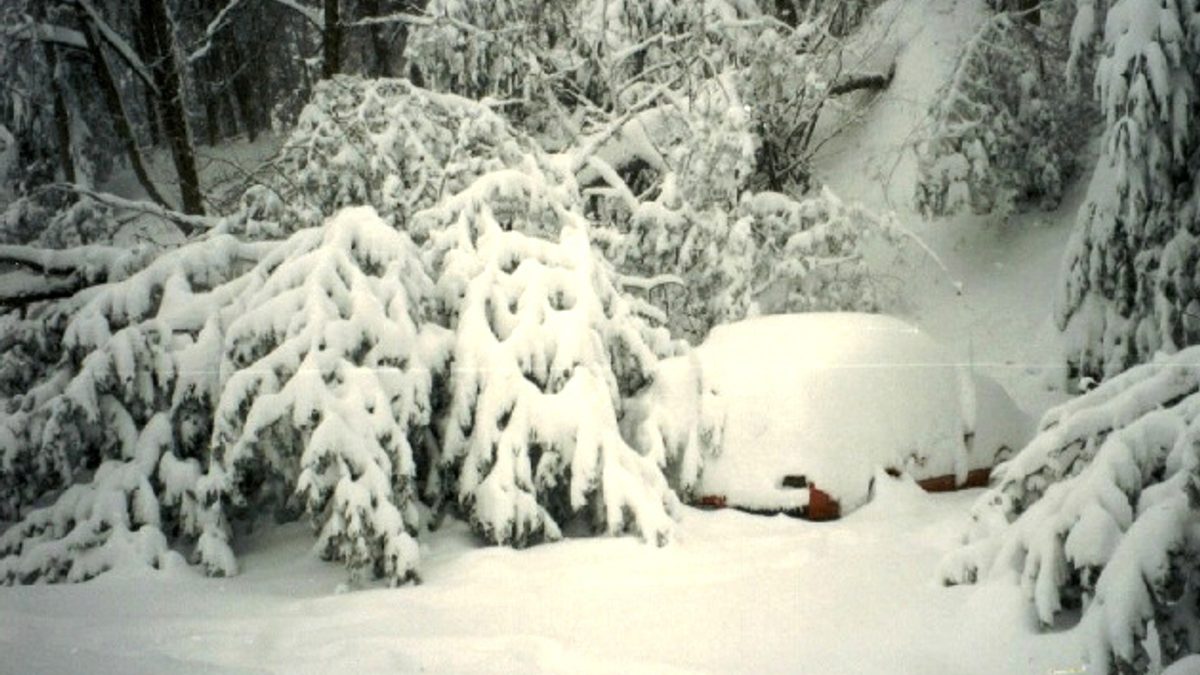 A snow-buried car and downed trees in Asheville, North Carolina after the March 1993 Storm of the Century