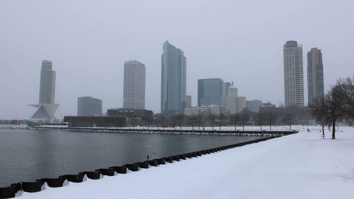 Milwaukee's downtown skyline under snow on a winter morning, January 2026