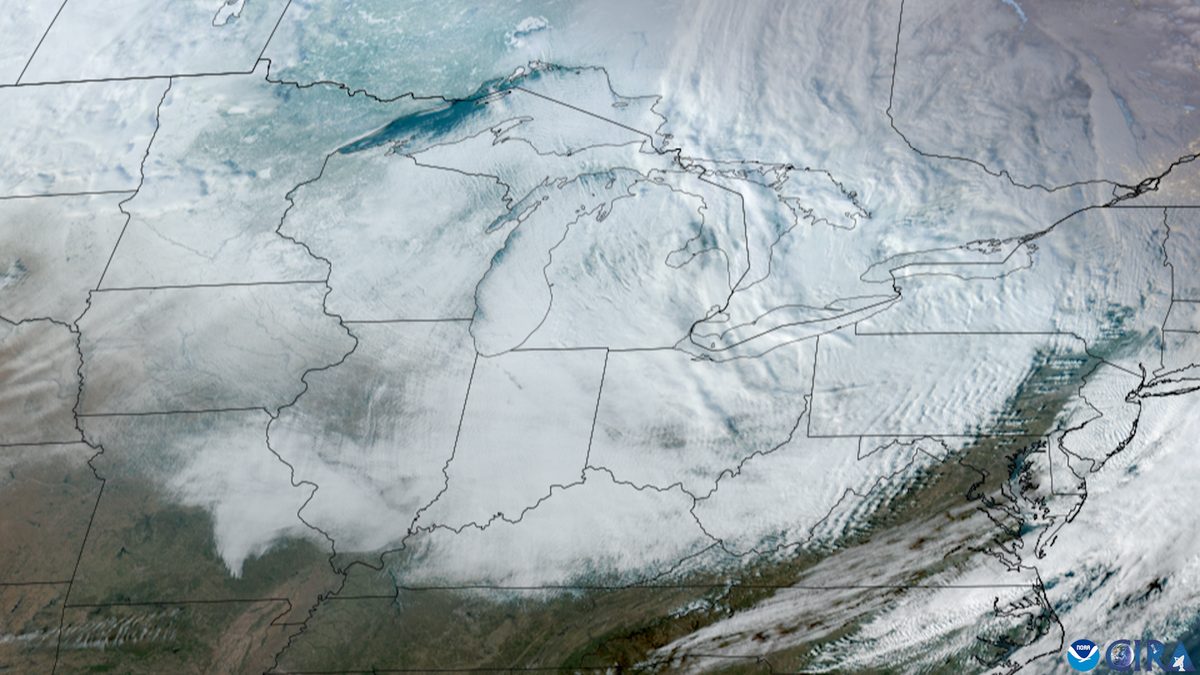 GOES satellite view of a large winter storm system covering the Great Lakes, Midwest and Northeast United States