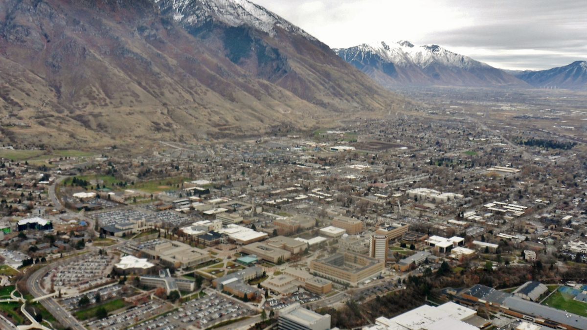 The Wasatch Mountains in winter, seen from Utah Valley