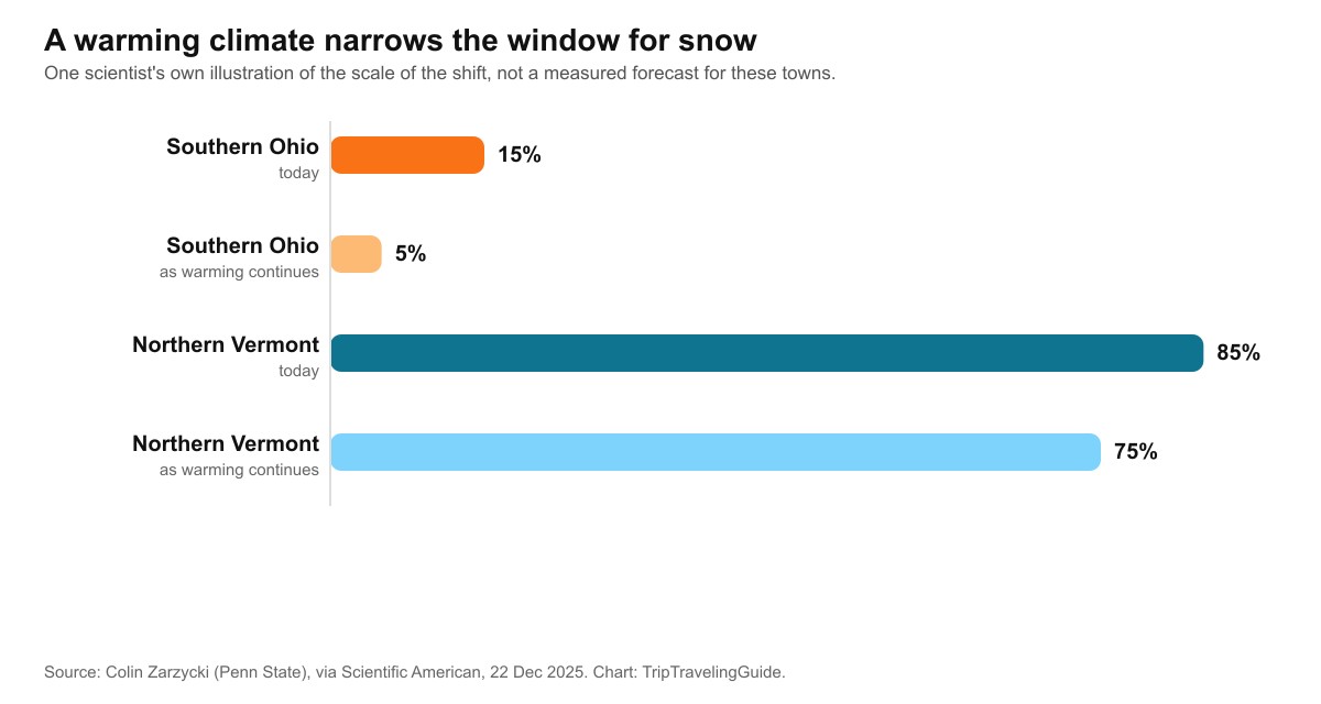Chart illustrating Colin Zarzycki's example of a warming climate narrowing the odds of snow, southern Ohio dropping from 15 percent to 5 percent and northern Vermont easing from 85 percent to 75 percent